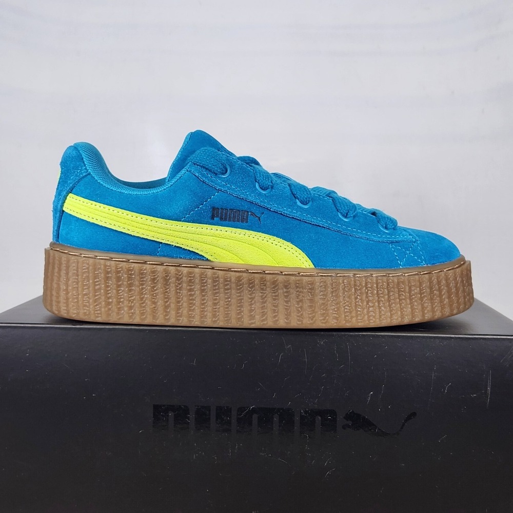 Puma Creeper Phatty JR Kids Size 4 Blue Lime Suede Platform Sneakers